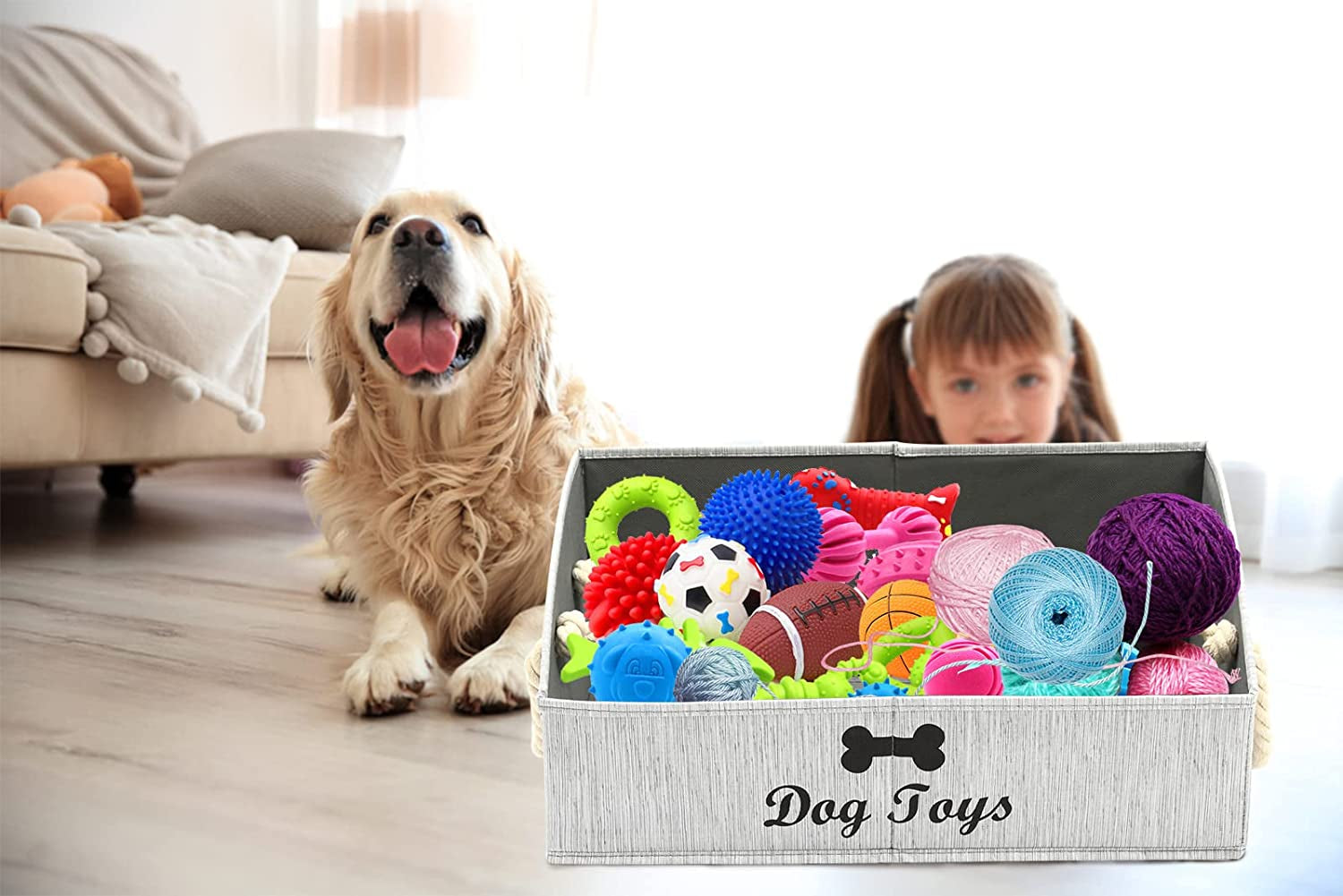 Large Dog Toys Storage Bins-Foldable Fabric Trapezoid Organizer Boxes with Weave Rope Handle,Collapsible Basket for Shelves,Dog Apparel(Gray-Dog)