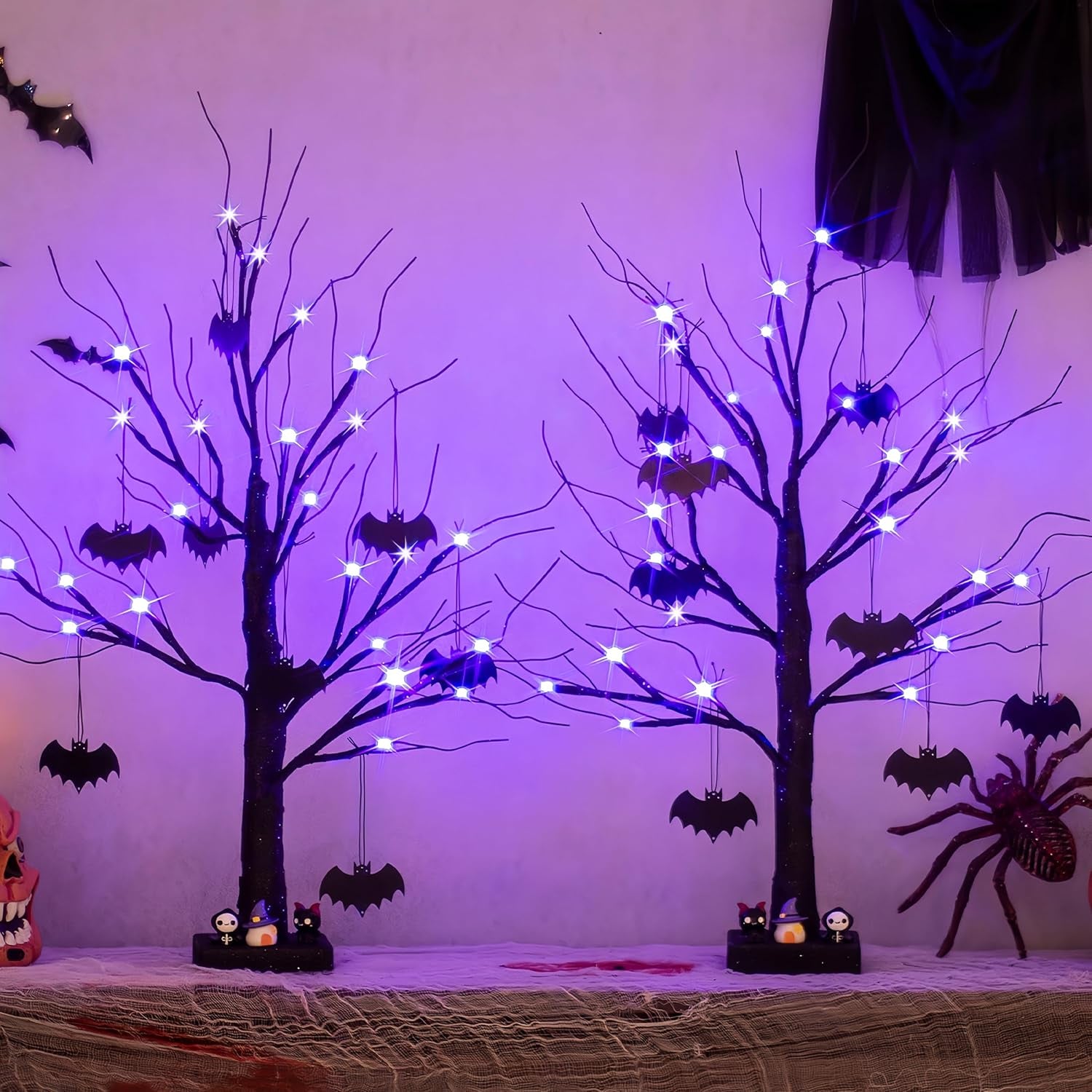 Halloween Decorations, 2FT Black Halloween Tree with 24 Purple Lights and 8 Bat Ornaments, Light up Halloween Decorations with Timer for Indoor Home Desk Table Decor (2PK)