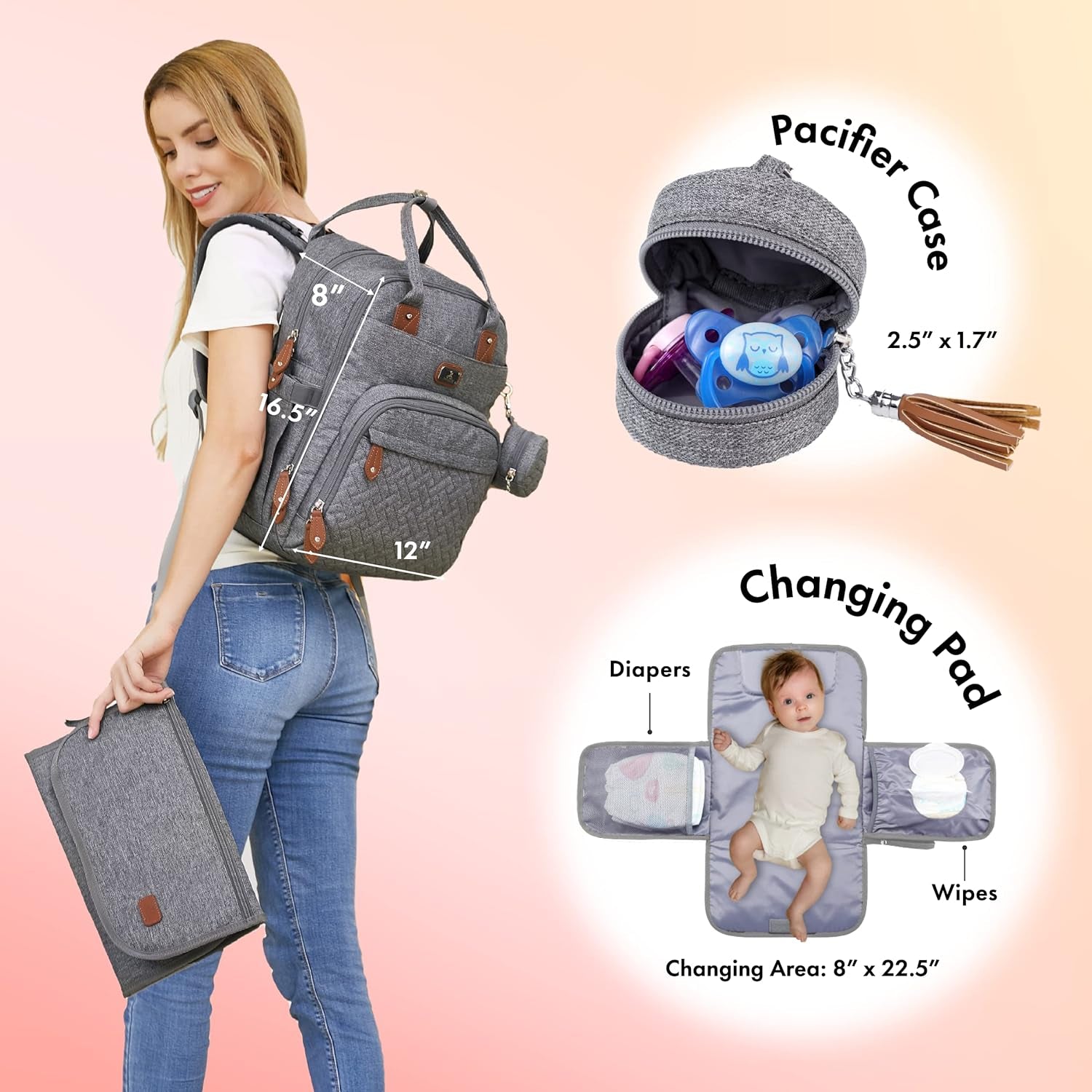 Diaper Bag Backpack with Portable Changing Pad, Pacifier Case and Stroller Straps, Large Unisex Baby Bags for Boys Girls, Multipurpose Travel Back Pack Moms Dads, Gray