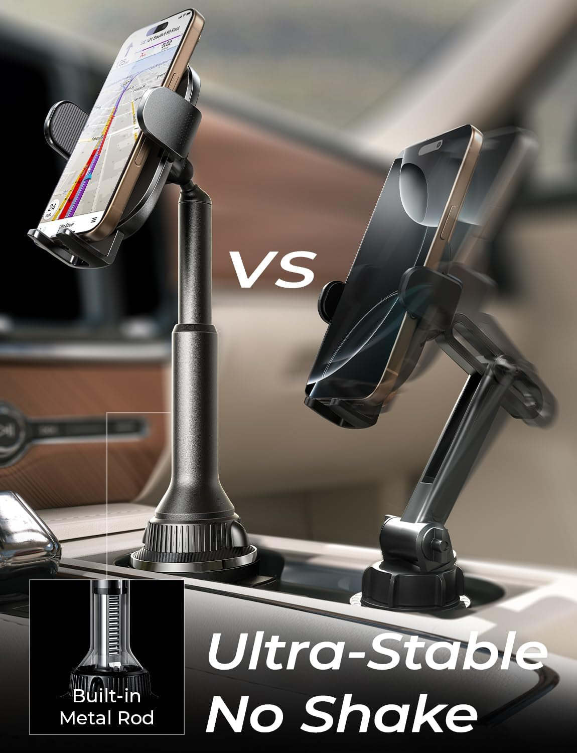 Cup Phone Holder No Shaking Phone Holder for Car, 360° Adjustable Iphone Holder for Car Accessories for Women Truck Jeep Golf for Iphone 16E 16 15 14 13 Pro Max Samsung S25 All 4-17'' Phone