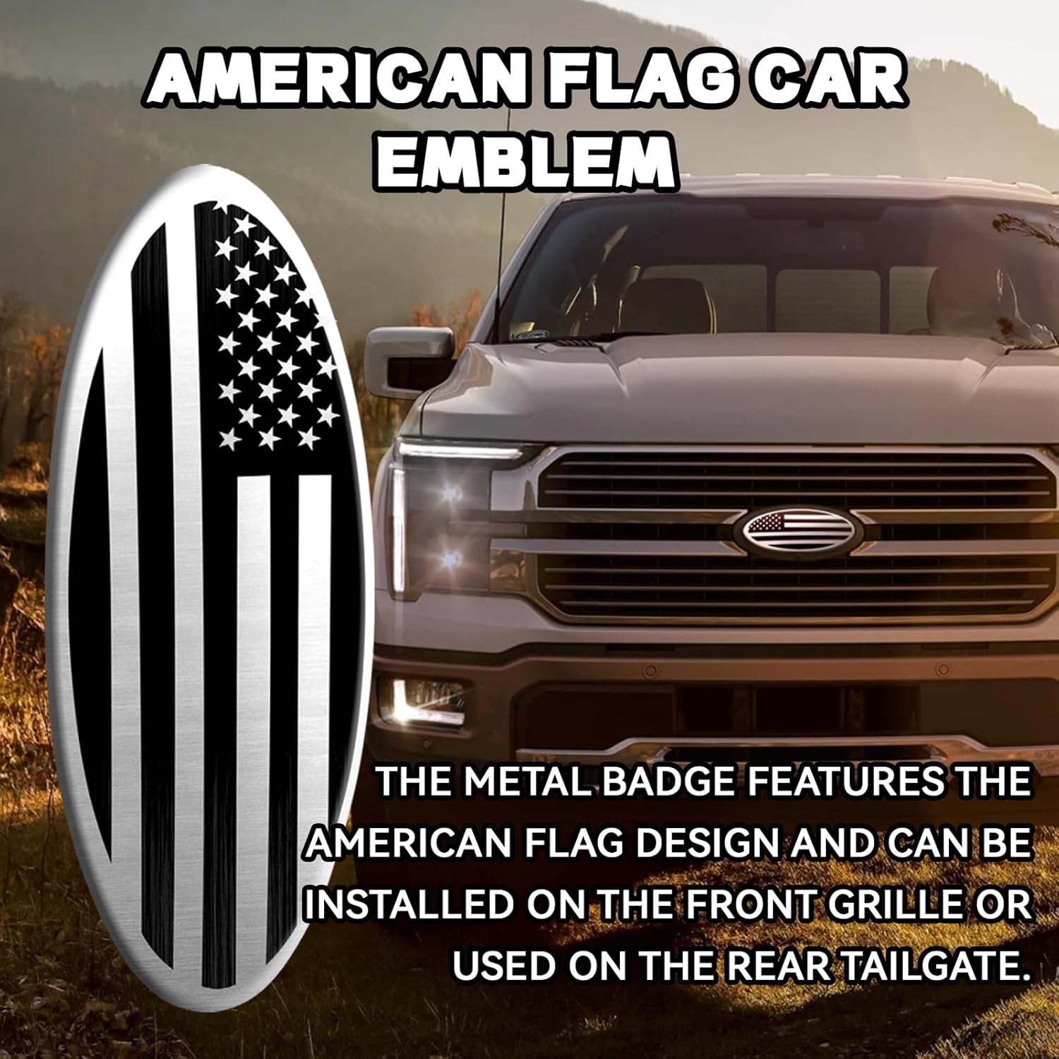 Tailgate Emblem for Ford F150 F250 F350 Silver American Flag 9 Inch Front Grill Emblem for Ford Emblem, Aluminum Oval Overlay Front Grill Rear Tailgate American Flag Decal Badge(Silver)