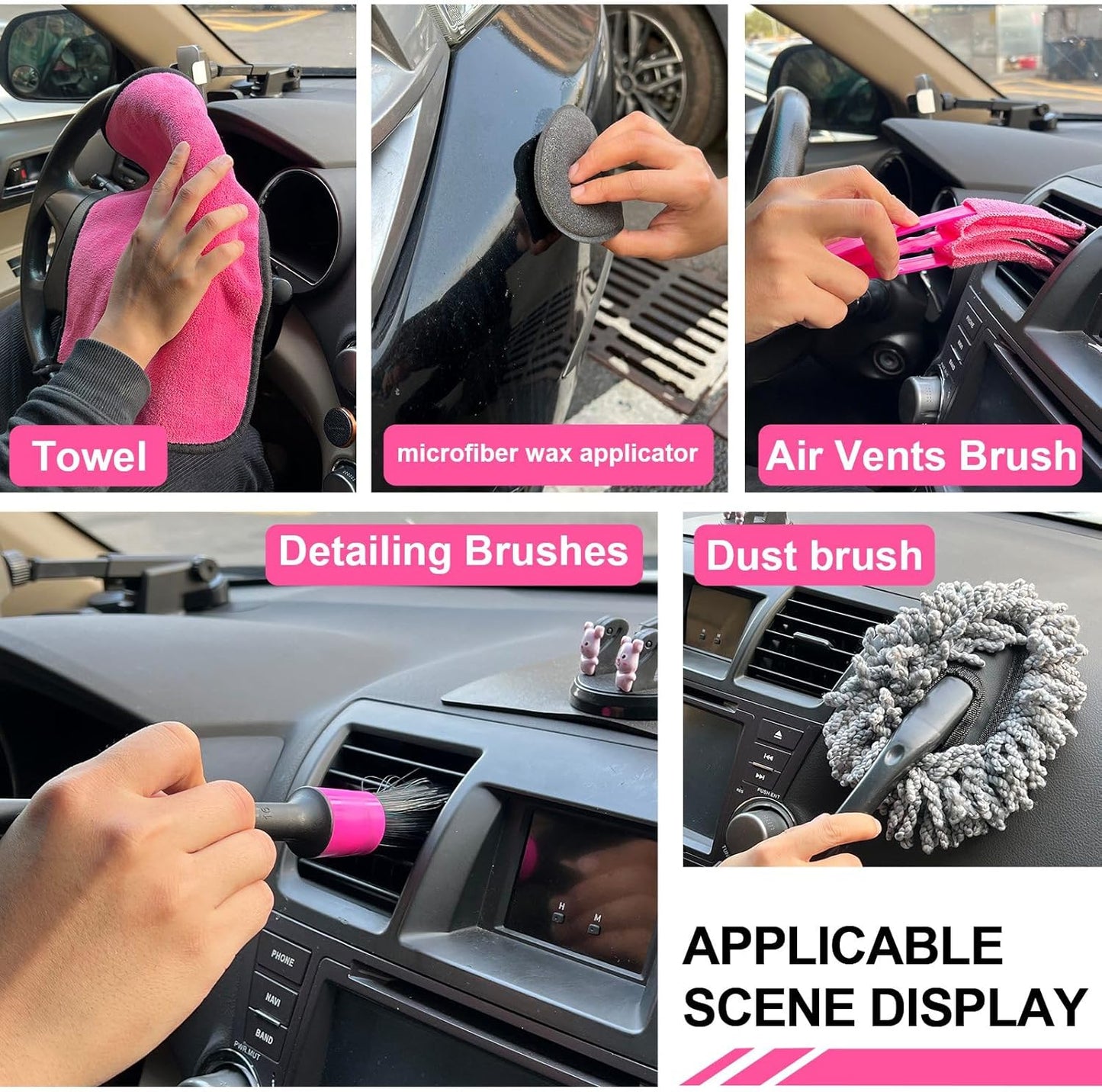 Pink 62" Car Wash Brush with Long Handle,Chenille Microfiber Car Wash Mop Sponge Mitt ,Windshield Window Squeegee,Wheel Brush,Car Detailing Brushes,Car Duster,Towel,Car Cleaning Kit for Cars RV Truck