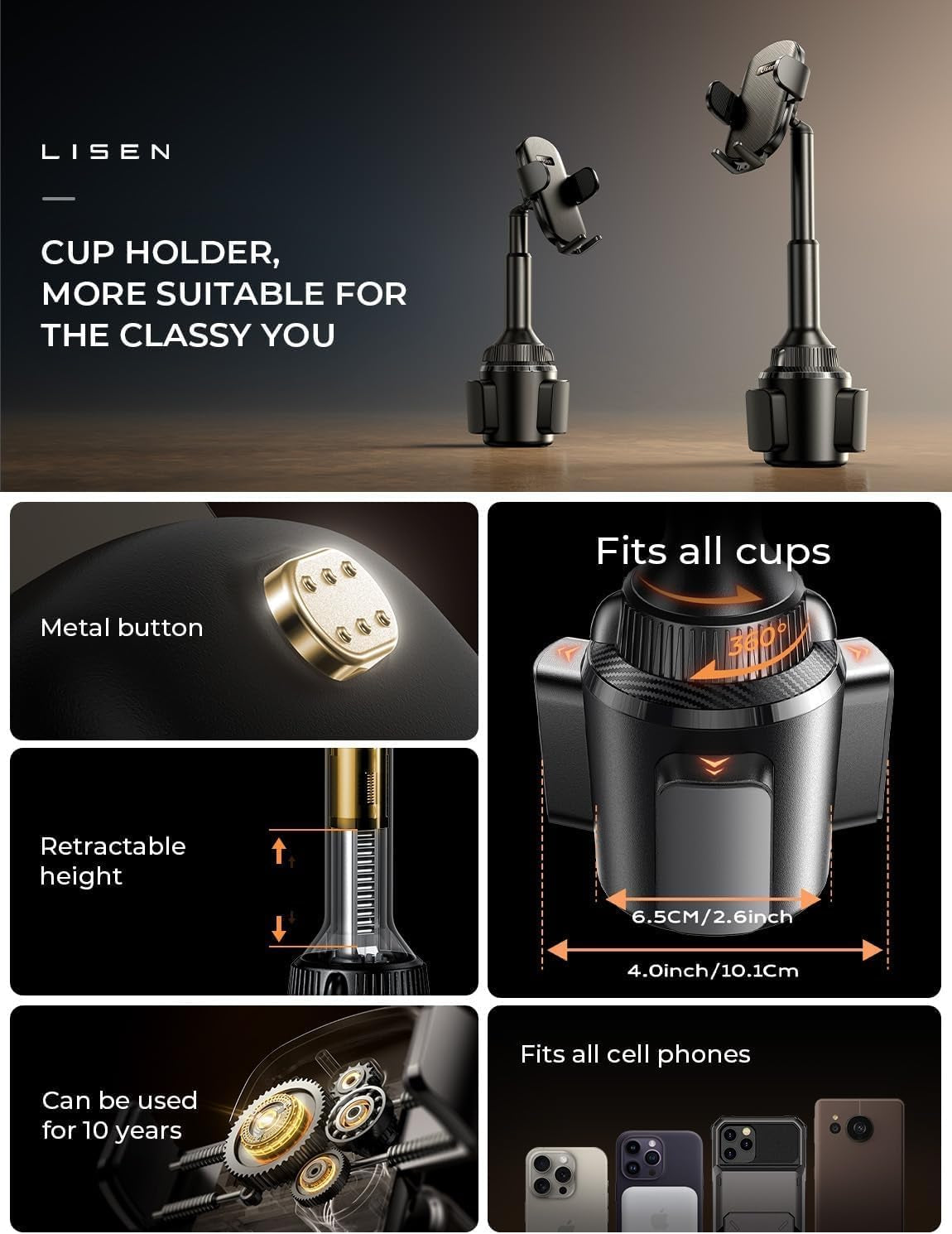 Cup Phone Holder No Shaking Phone Holder for Car, 360° Adjustable Iphone Holder for Car Accessories for Women Truck Jeep Golf for Iphone 16E 16 15 14 13 Pro Max Samsung S25 All 4-17'' Phone