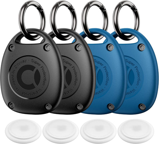 (4 Pack) for Airtag Keychain Holder Case | IPX8 Waterproof, Ultra-Compact | Portable for Air Tag Holder Cover for Backpack, Keys, Luggage - 2 Black/2 Blue