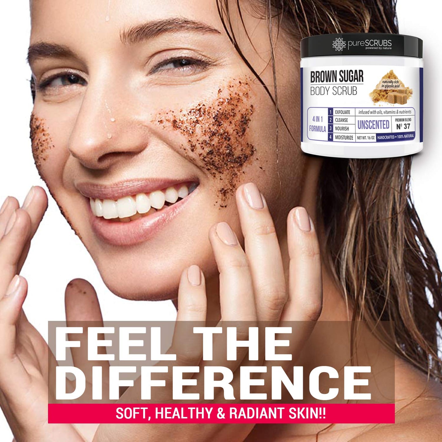 Premium Unscented Brown Sugar Body Scrub | Large 16Oz Jar | Face, Feet & Full Body Scrub | Includes Wooden Spoon, Loofah & Mini Exfoliating Bar Soap