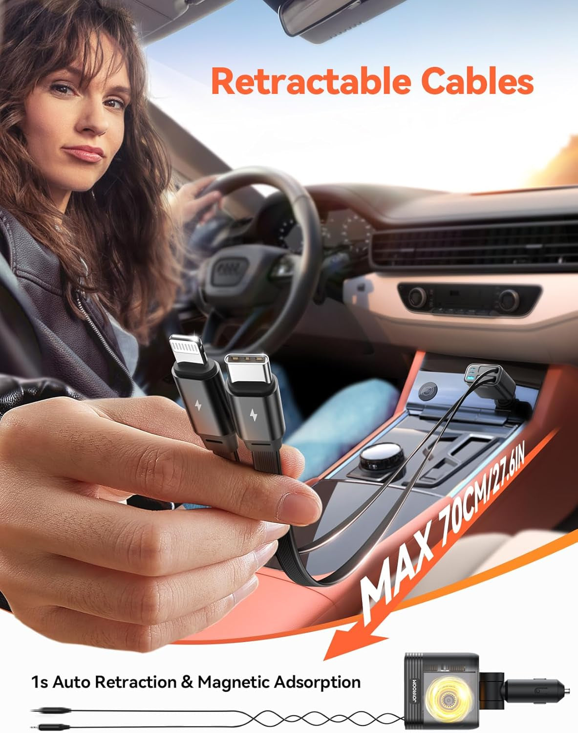 Retractable 5 Port 66W USB C Car Charger - Fast Charging for Iphone 16/15/14 Pro Max, Samsung S24