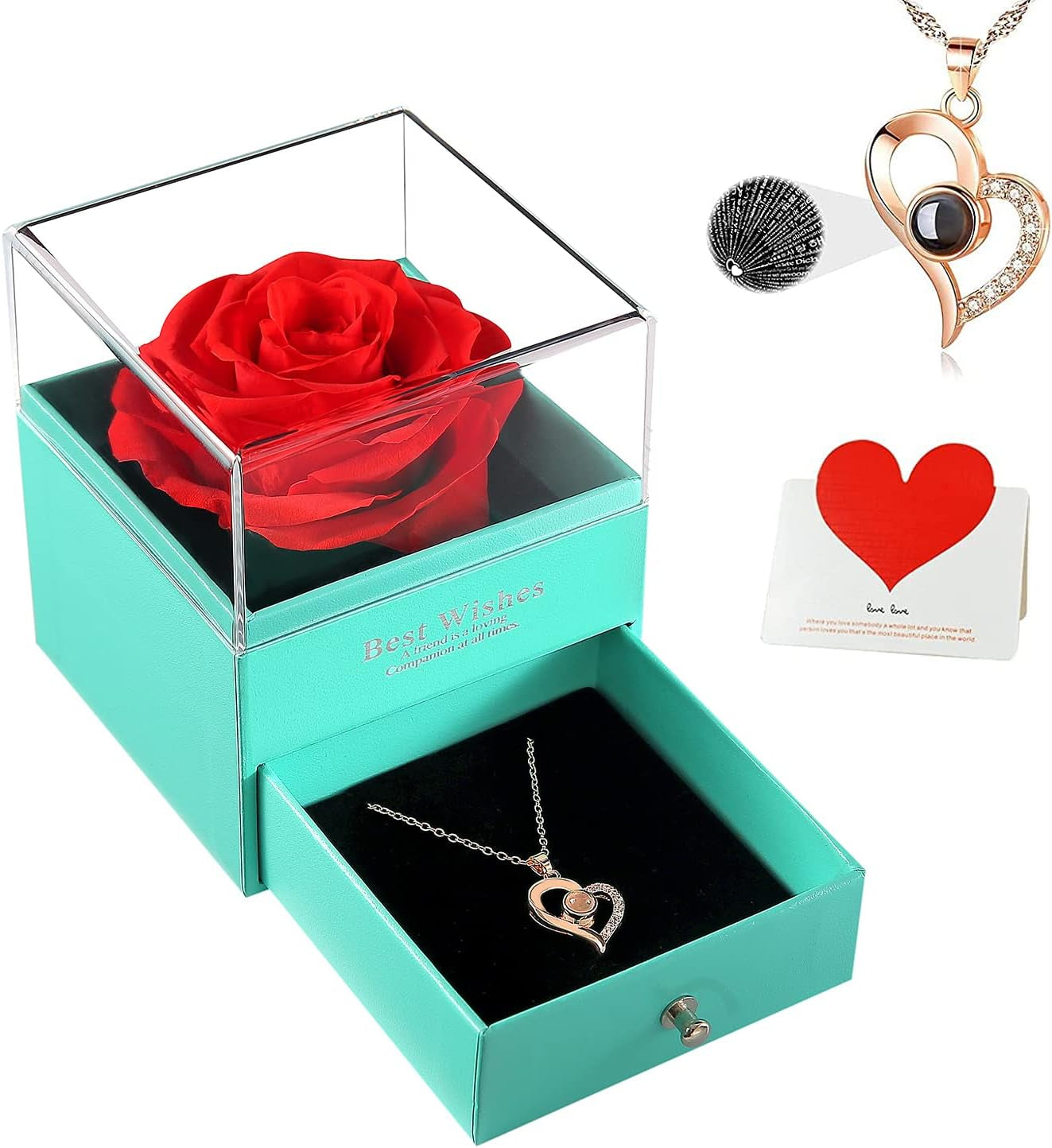 Valentines Day Gifts for Her, Preserved Real Rose with I Love You Heart Necklace 100 Languages, Birthday Gifts for Women Mom Girlfriend Wife,Forever Flower for Anniversary, Red Roses
