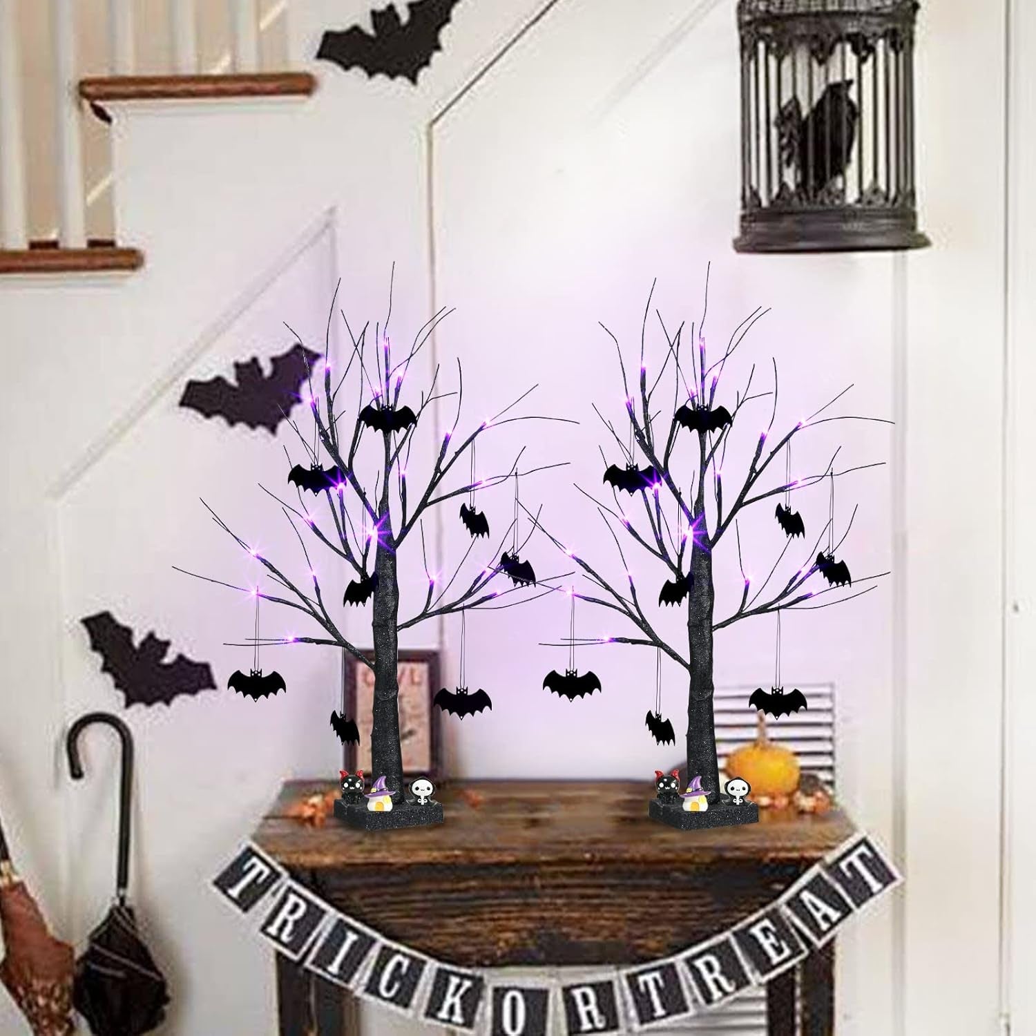 Halloween Decorations, 2FT Black Halloween Tree with 24 Purple Lights and 8 Bat Ornaments, Light up Halloween Decorations with Timer for Indoor Home Desk Table Decor (2PK)