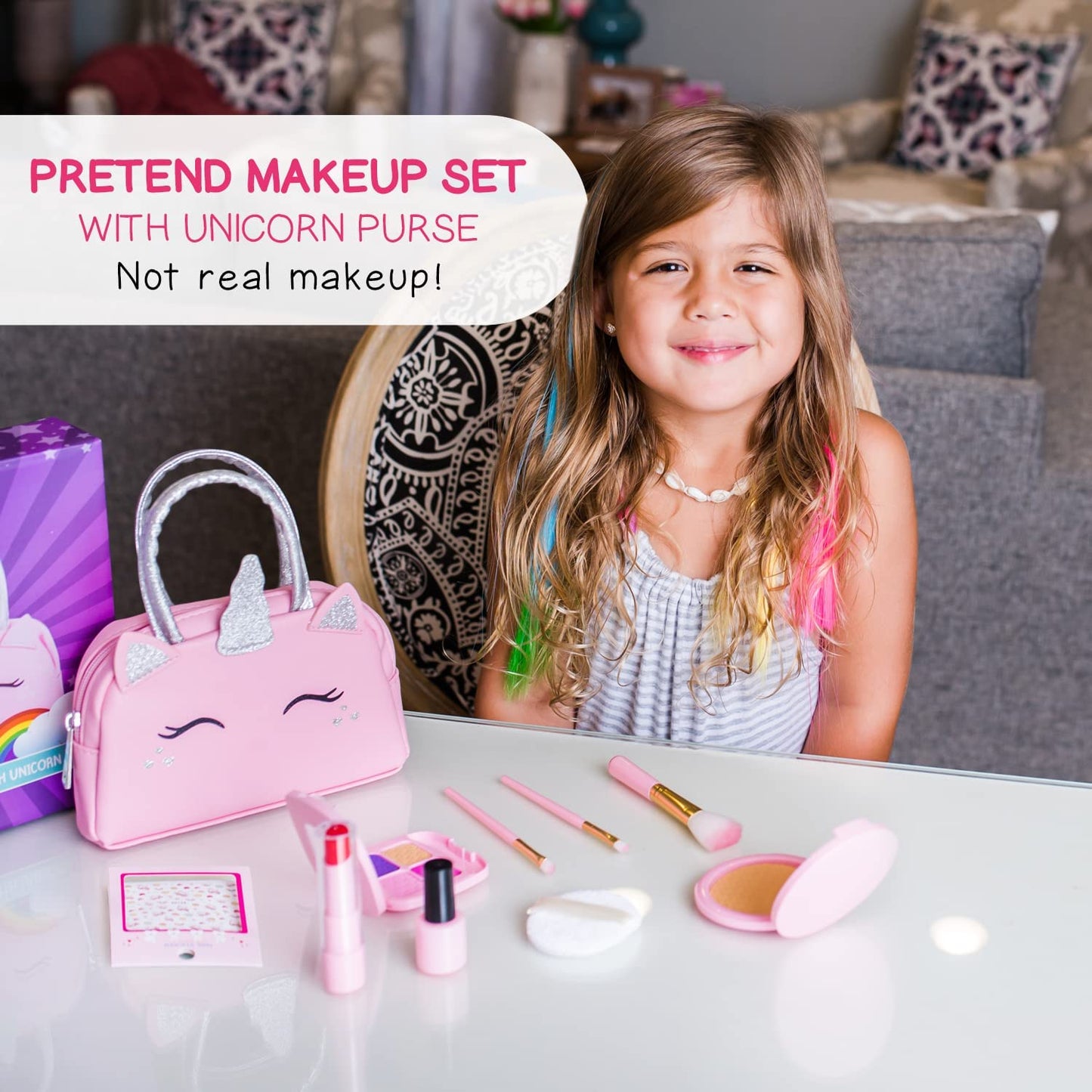 Pretend Play Makeup Kit for Little Girls with Unicorn Purse: Fake (Not Real) Make up Toy Set for Toddlers and Kids - Includes Hair and Nails Accessories, Baby Toys Gift