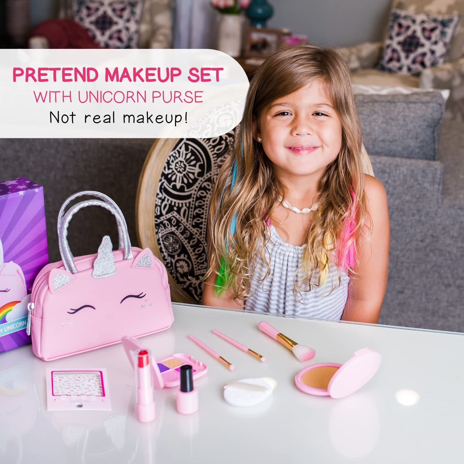 Pretend Play Makeup Kit for Little Girls with Unicorn Purse: Fake (Not Real) Make up Toy Set for Toddlers and Kids - Includes Hair and Nails Accessories, Baby Toys Gift