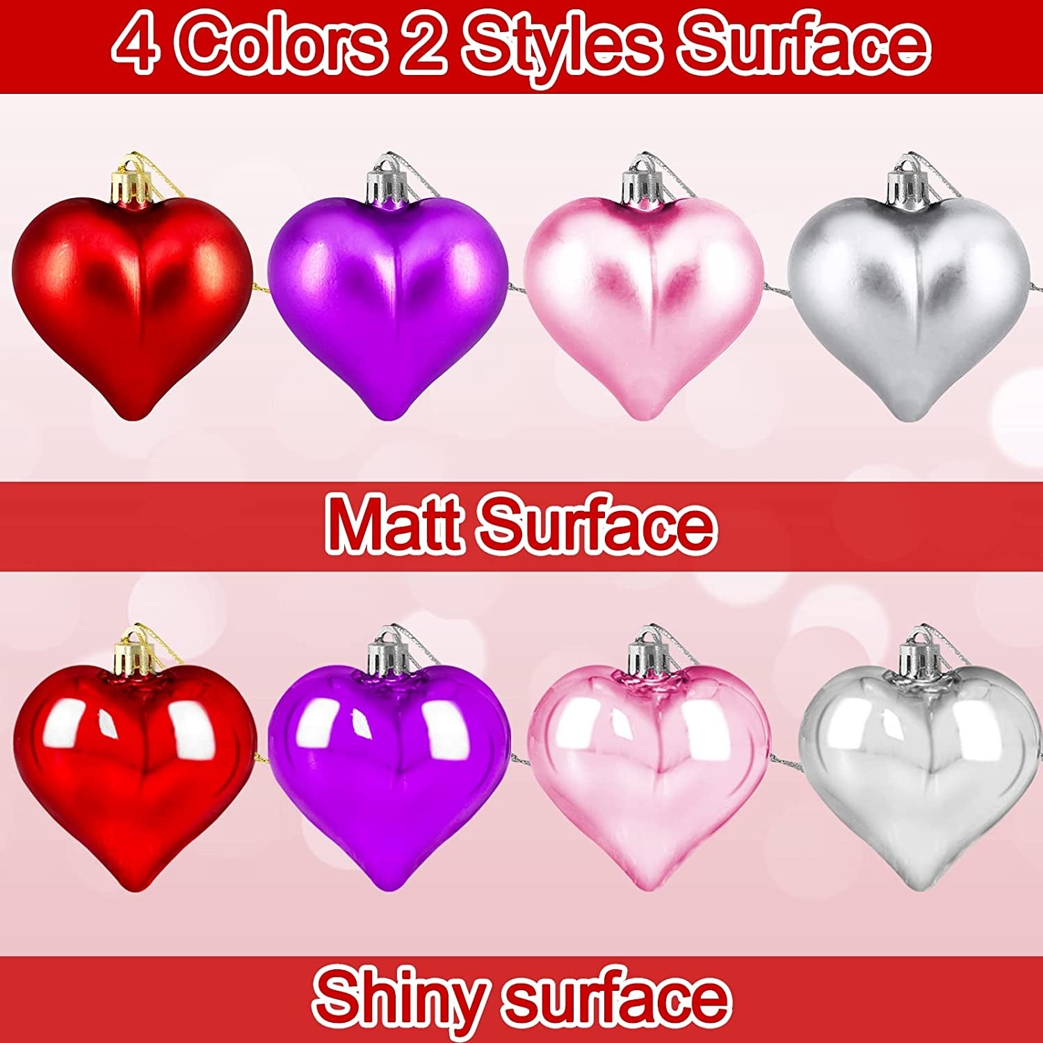 24 Pcs Valentine'S Day Hearts Shaped Ornaments, 2 Surfaces Valentines Heart Decorations Baubles Romantic Valentines Day Hanging Decorations for Home Indoor Outdoor (Red/Pink/Purple)