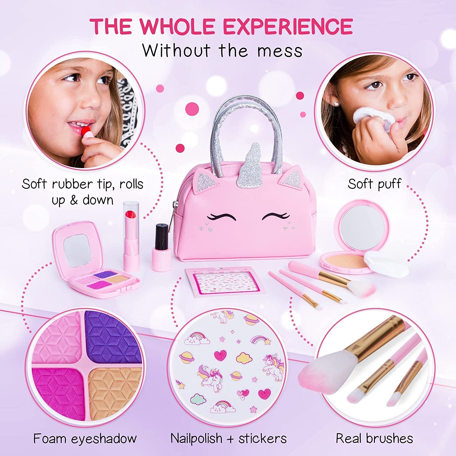 Pretend Play Makeup Kit for Little Girls with Unicorn Purse: Fake (Not Real) Make up Toy Set for Toddlers and Kids - Includes Hair and Nails Accessories, Baby Toys Gift