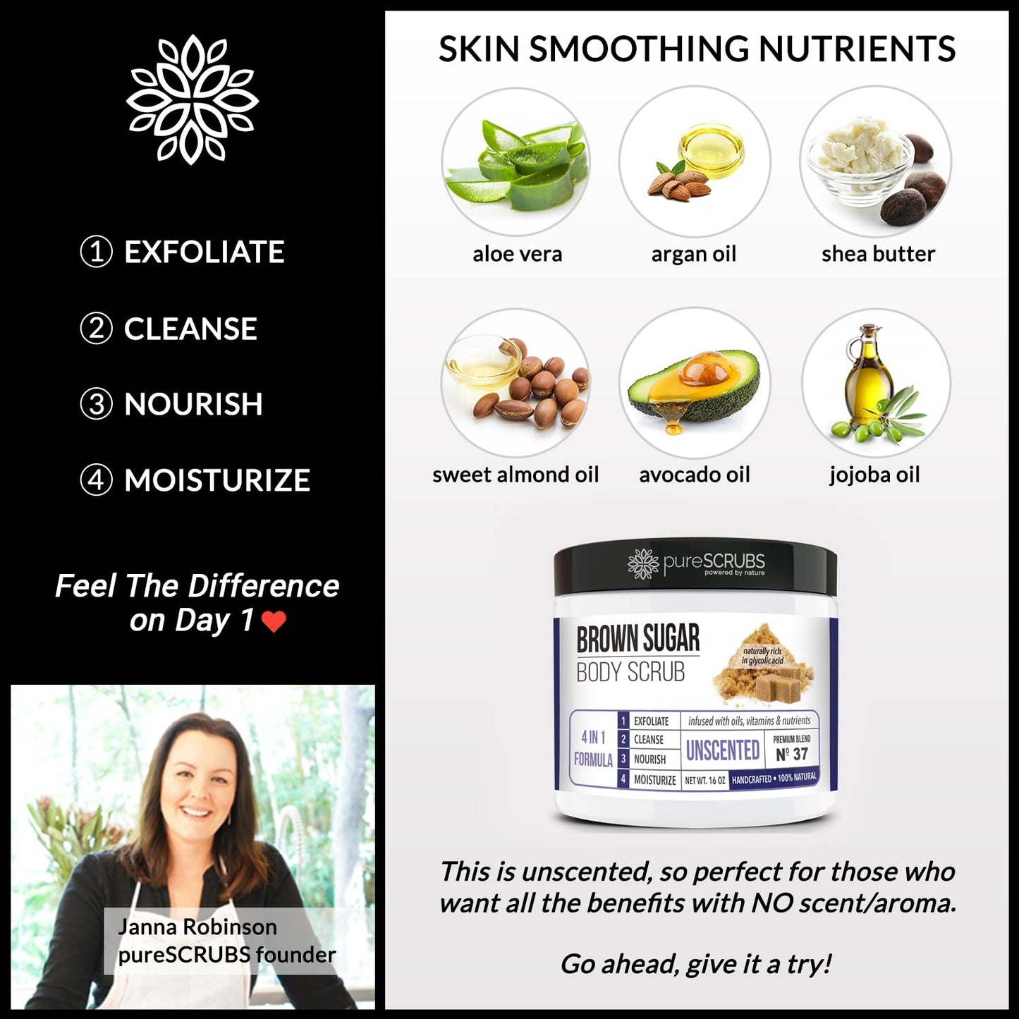 Premium Unscented Brown Sugar Body Scrub | Large 16Oz Jar | Face, Feet & Full Body Scrub | Includes Wooden Spoon, Loofah & Mini Exfoliating Bar Soap