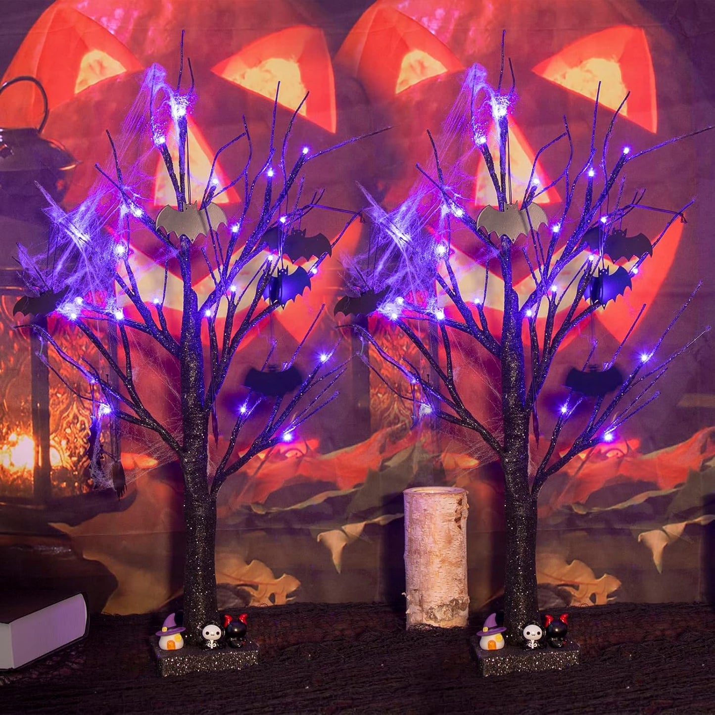 Halloween Decorations, 2FT Black Halloween Tree with 24 Purple Lights and 8 Bat Ornaments, Light up Halloween Decorations with Timer for Indoor Home Desk Table Decor (2PK)