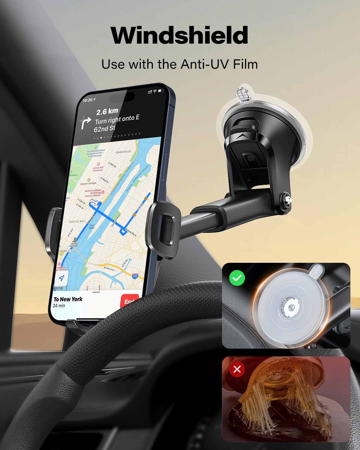 Suction Cup Phone Mount, Universal Phone Holders for Your Car Windshield/Dashboard/Window, Cell Phone Holder Car with Sticky Gel Pad, Compatible with Iphone, Samsung, All Cellphone