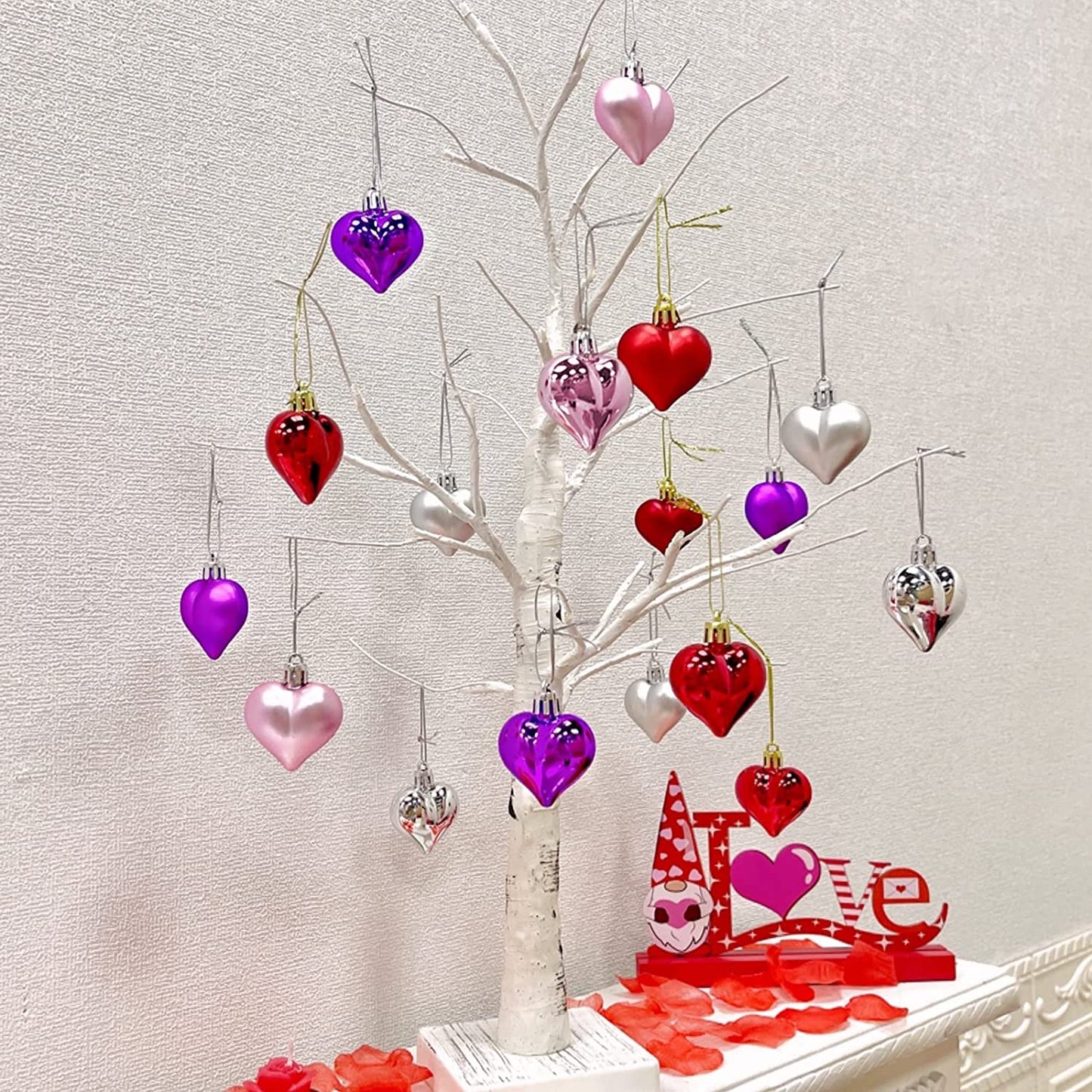 24 Pcs Valentine'S Day Hearts Shaped Ornaments, 2 Surfaces Valentines Heart Decorations Baubles Romantic Valentines Day Hanging Decorations for Home Indoor Outdoor (Red/Pink/Purple)