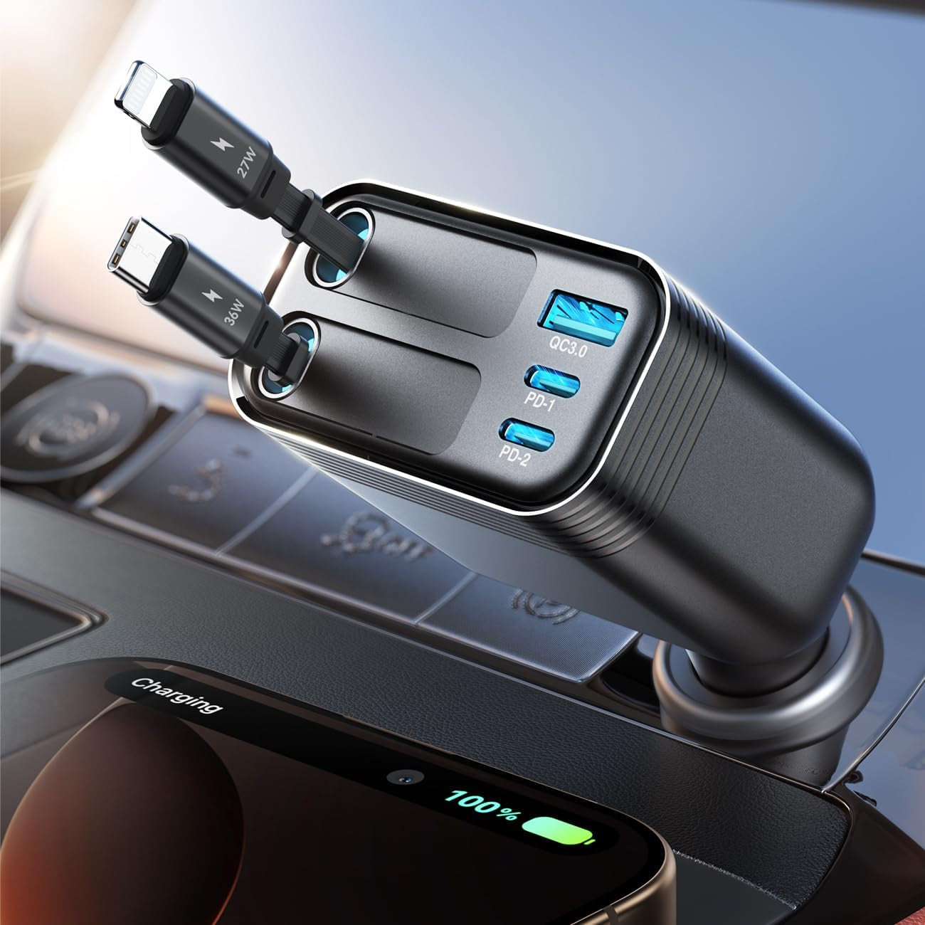 Retractable 5 Port 66W USB C Car Charger - Fast Charging for Iphone 16/15/14 Pro Max, Samsung S24