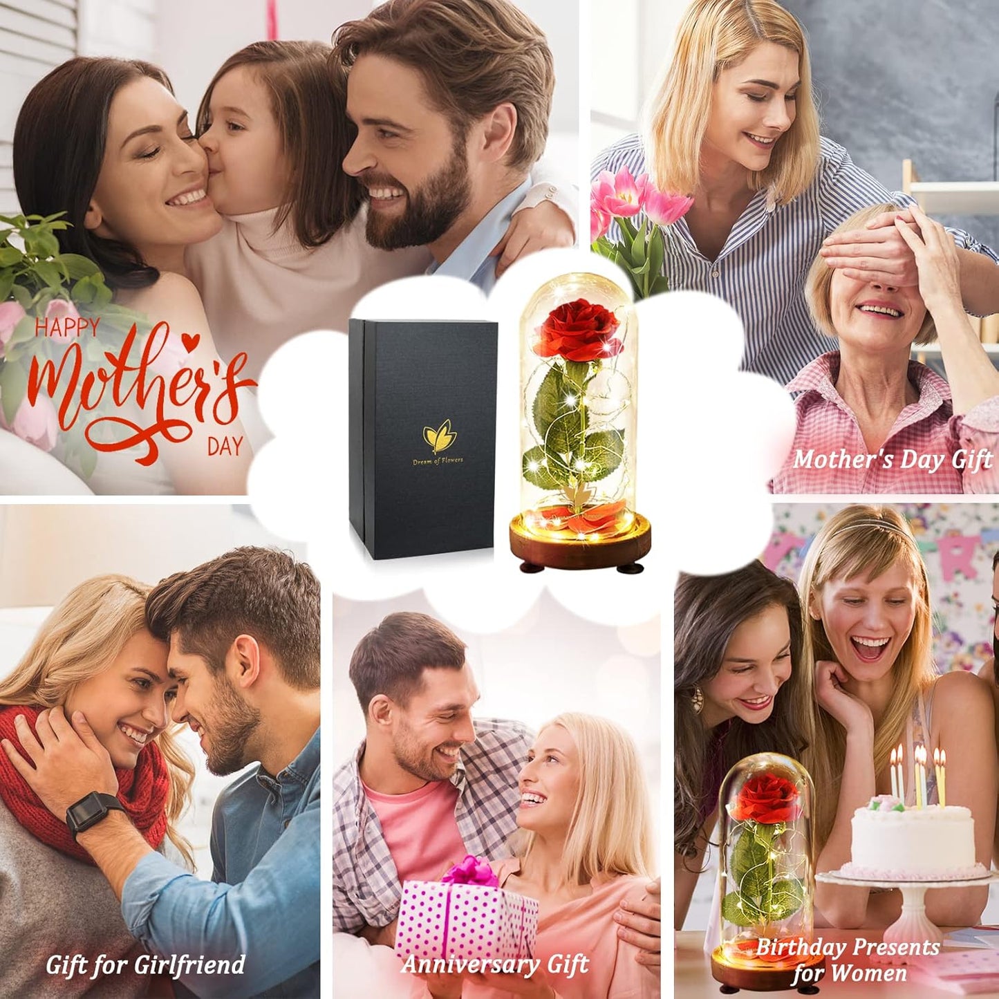 Birthday Gifts for Women,Beauty and the Beast Rose in Glass Dome,Silk Rose Forever Flowers with Lights,Mom Gift,Romantic Gifts for Her,Anniversary Rose Flower Gifts for Women,Gifts for Girlfriend