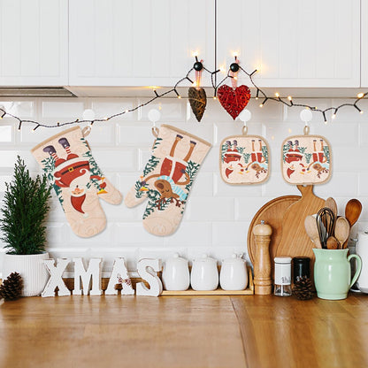 Cute Christmas Oven Mitt - 1 Set Heat Resistant Oven Gloves and Pot Holders for Christmas Kitchen Decoration