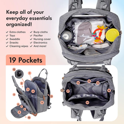 Diaper Bag Backpack with Portable Changing Pad, Pacifier Case and Stroller Straps, Large Unisex Baby Bags for Boys Girls, Multipurpose Travel Back Pack Moms Dads, Gray