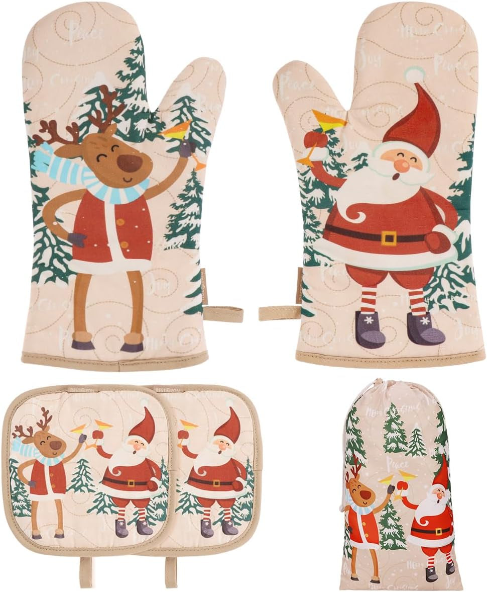 Cute Christmas Oven Mitt - 1 Set Heat Resistant Oven Gloves and Pot Holders for Christmas Kitchen Decoration