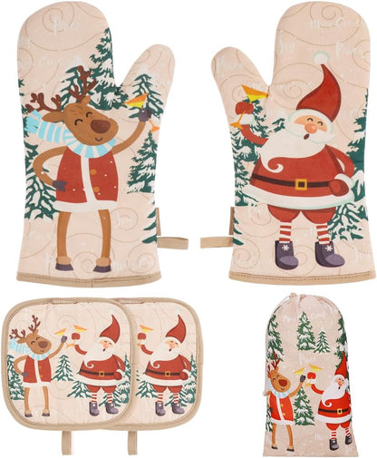 Cute Christmas Oven Mitt - 1 Set Heat Resistant Oven Gloves and Pot Holders for Christmas Kitchen Decoration