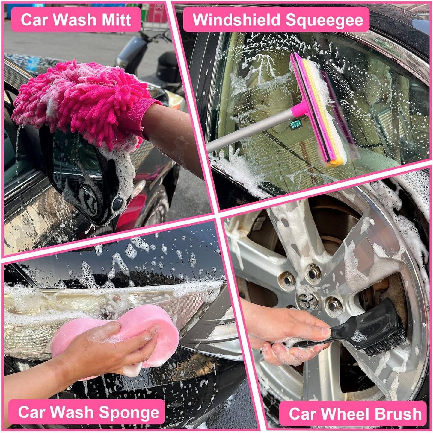 Pink 62" Car Wash Brush with Long Handle,Chenille Microfiber Car Wash Mop Sponge Mitt ,Windshield Window Squeegee,Wheel Brush,Car Detailing Brushes,Car Duster,Towel,Car Cleaning Kit for Cars RV Truck