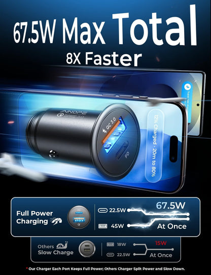 67.5W Super Mini Car Charger USB C Fast Charging,All Metal Cigarette Lighter Adapter PD&QC Type C Car Charger Adapter Outlet for 17 Iphone 16 15 Pro Max,Pixel 10 Pro, Samsung Galaxy S25,Android
