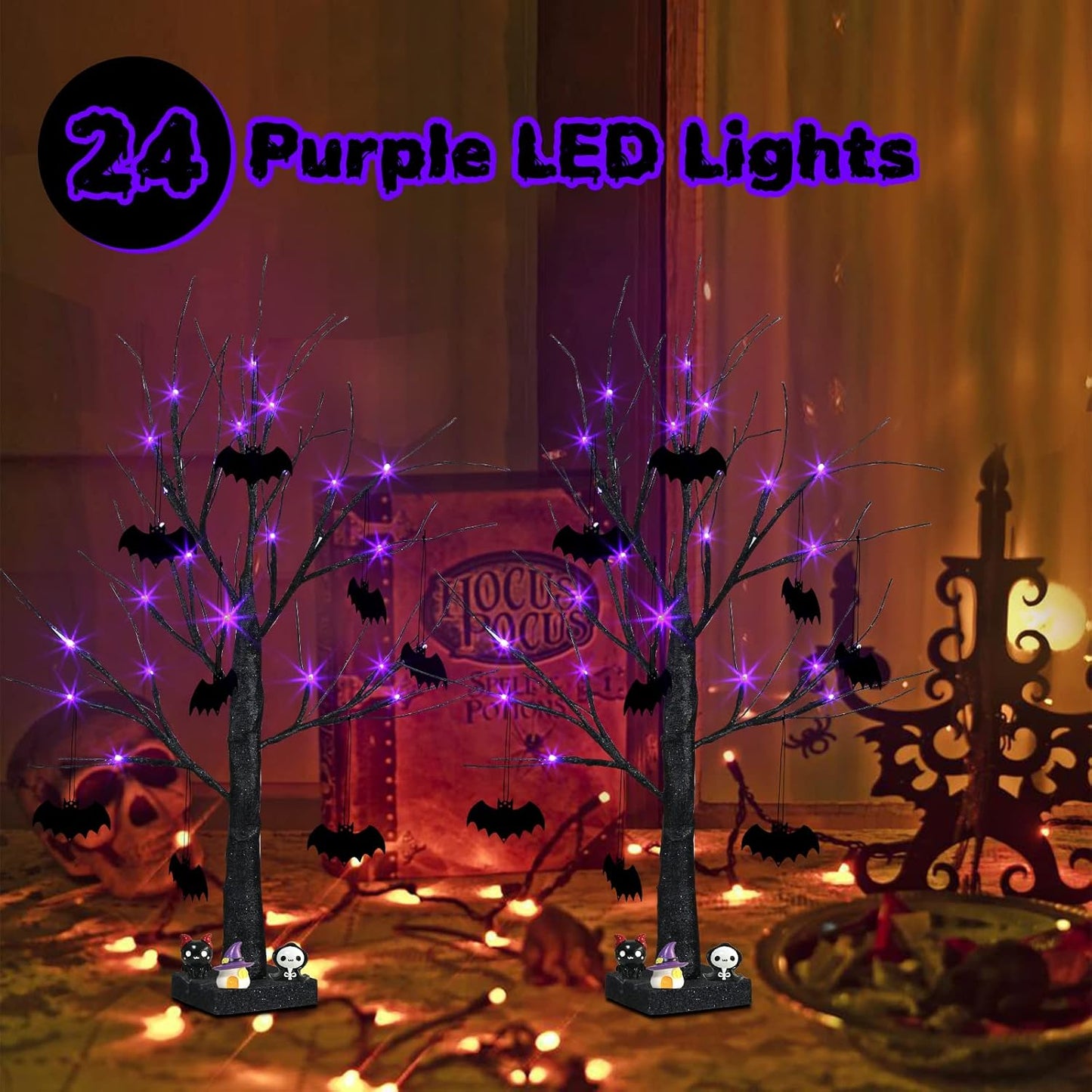 Halloween Decorations, 2FT Black Halloween Tree with 24 Purple Lights and 8 Bat Ornaments, Light up Halloween Decorations with Timer for Indoor Home Desk Table Decor (2PK)