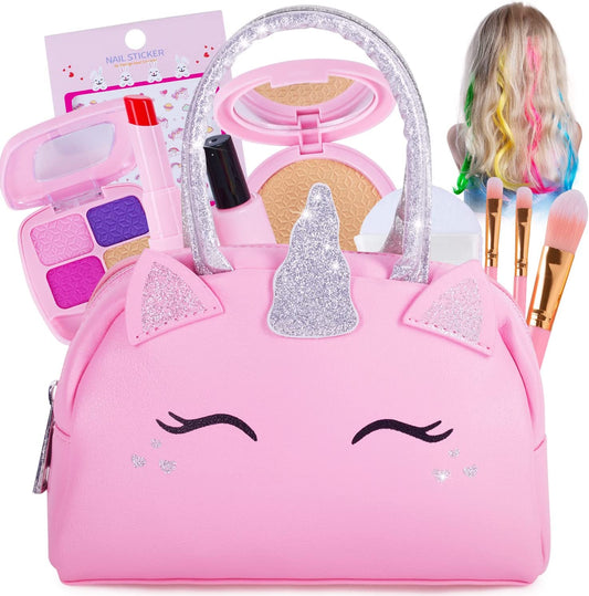 Pretend Play Makeup Kit for Little Girls with Unicorn Purse: Fake (Not Real) Make up Toy Set for Toddlers and Kids - Includes Hair and Nails Accessories, Baby Toys Gift