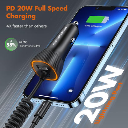 32W Iphone Car Charger -  [PD 20W Quick Charge] [Apple MFI C94 Certified] Phone Cigarette Lighter with Built-In 5FT Lightning Cable for Apple Iphone 14/13/12/11/Xs/Xs Max/Xr/X/8-Orange