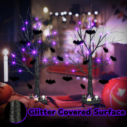 Halloween Decorations, 2FT Black Halloween Tree with 24 Purple Lights and 8 Bat Ornaments, Light up Halloween Decorations with Timer for Indoor Home Desk Table Decor (2PK)