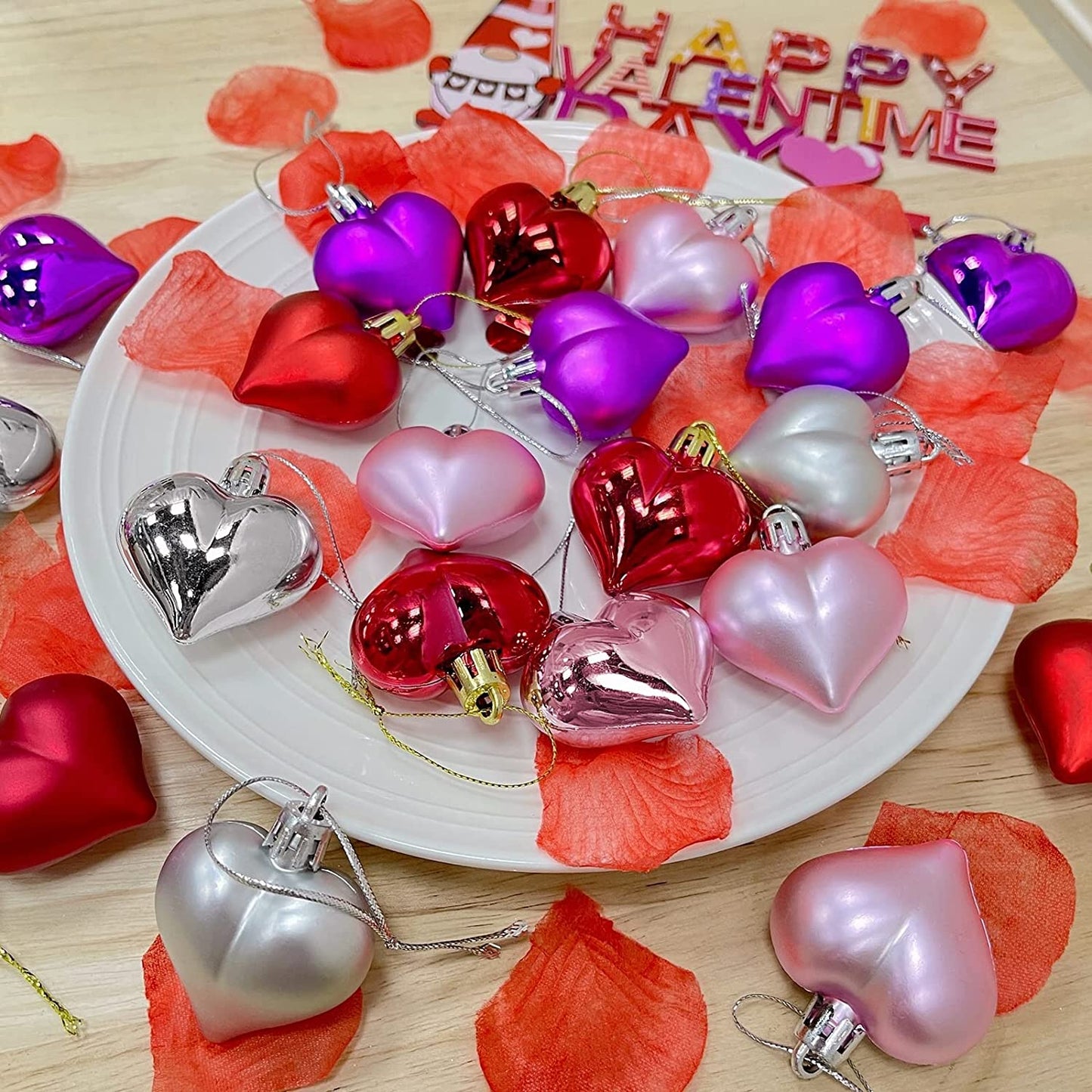 24 Pcs Valentine'S Day Hearts Shaped Ornaments, 2 Surfaces Valentines Heart Decorations Baubles Romantic Valentines Day Hanging Decorations for Home Indoor Outdoor (Red/Pink/Purple)