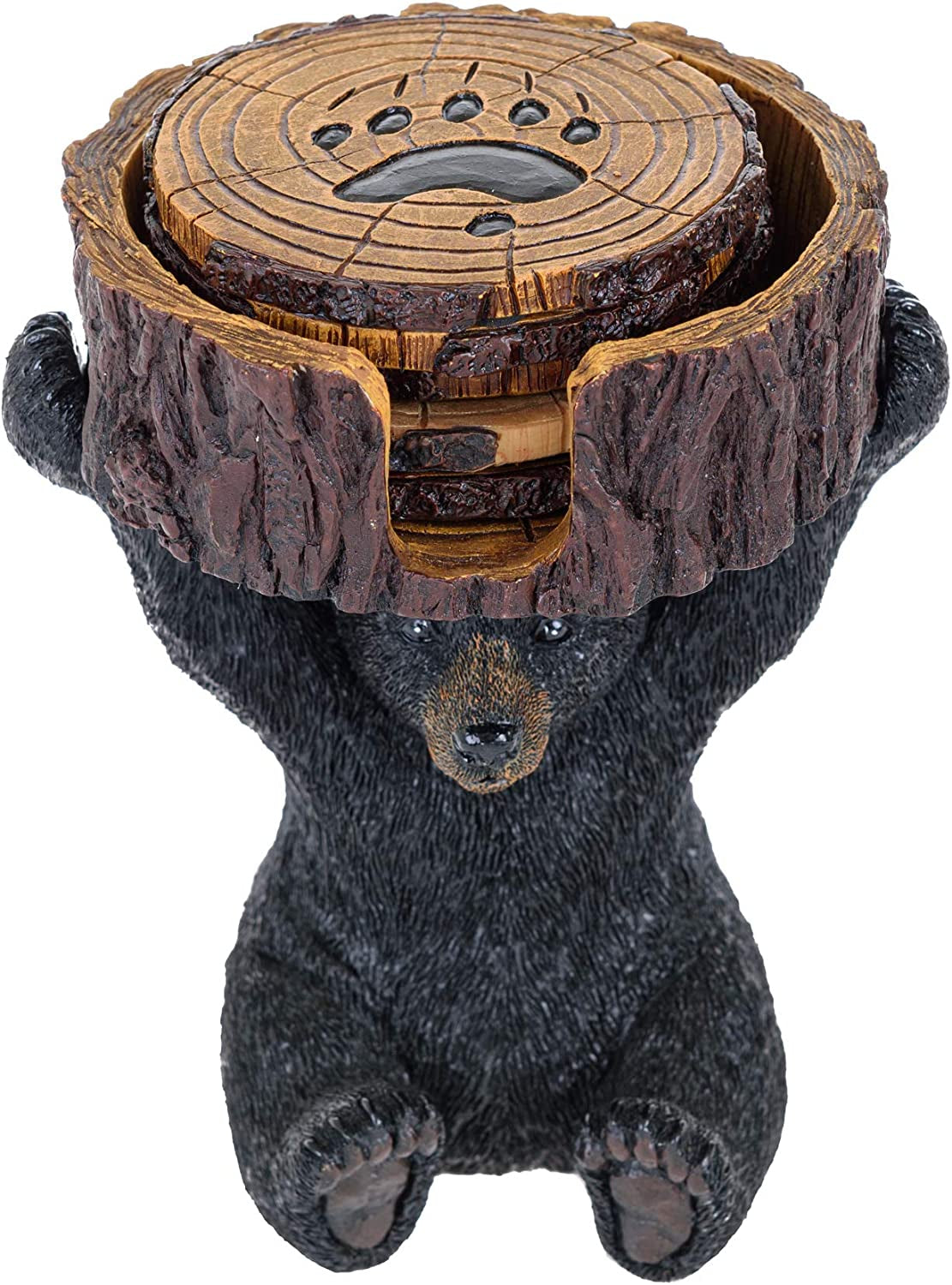 Black Bear Coasters Set - 5 Rustic Home Decor Drink Coasters with Holder - Bear Shaped, Polyresin Material