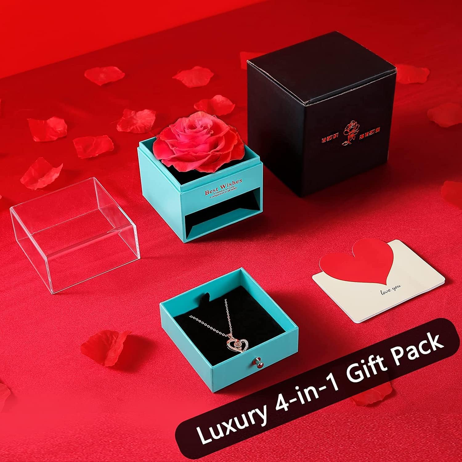 Valentines Day Gifts for Her, Preserved Real Rose with I Love You Heart Necklace 100 Languages, Birthday Gifts for Women Mom Girlfriend Wife,Forever Flower for Anniversary, Red Roses