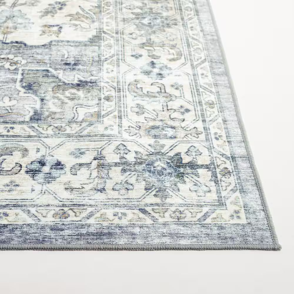 Arizona Light Gray/Beige 3 Ft. X 5 Ft. Distressed Border Ornate Machine Washable Area Rug