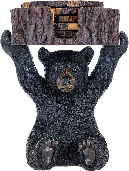 Black Bear Coasters Set - 5 Rustic Home Decor Drink Coasters with Holder - Bear Shaped, Polyresin Material