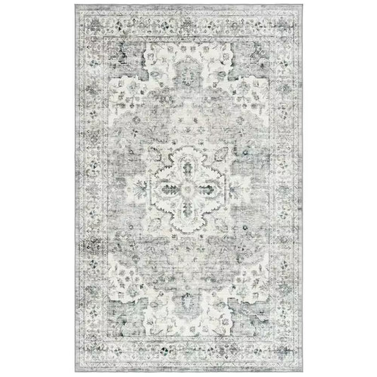 Arizona Light Gray/Beige 3 Ft. X 5 Ft. Distressed Border Ornate Machine Washable Area Rug
