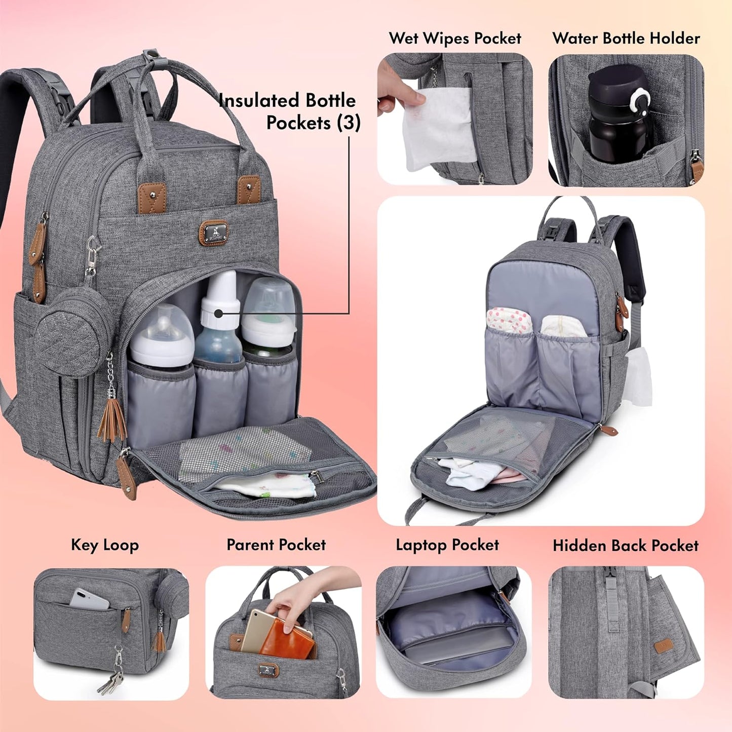 Diaper Bag Backpack with Portable Changing Pad, Pacifier Case and Stroller Straps, Large Unisex Baby Bags for Boys Girls, Multipurpose Travel Back Pack Moms Dads, Gray