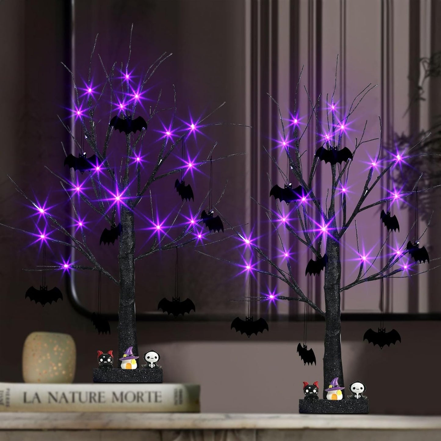 Halloween Decorations, 2FT Black Halloween Tree with 24 Purple Lights and 8 Bat Ornaments, Light up Halloween Decorations with Timer for Indoor Home Desk Table Decor (2PK)