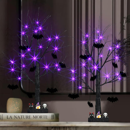 Halloween Decorations, 2FT Black Halloween Tree with 24 Purple Lights and 8 Bat Ornaments, Light up Halloween Decorations with Timer for Indoor Home Desk Table Decor (2PK)