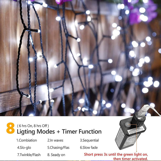 114Ft Christmas String Lights - Outdoor, 300 LED Connectable with Timer, 8 Modes Tree Lights Fairy Twinkle for Garden, Wedding, Indoor/Outdoor Xmas Decor (Cool White)