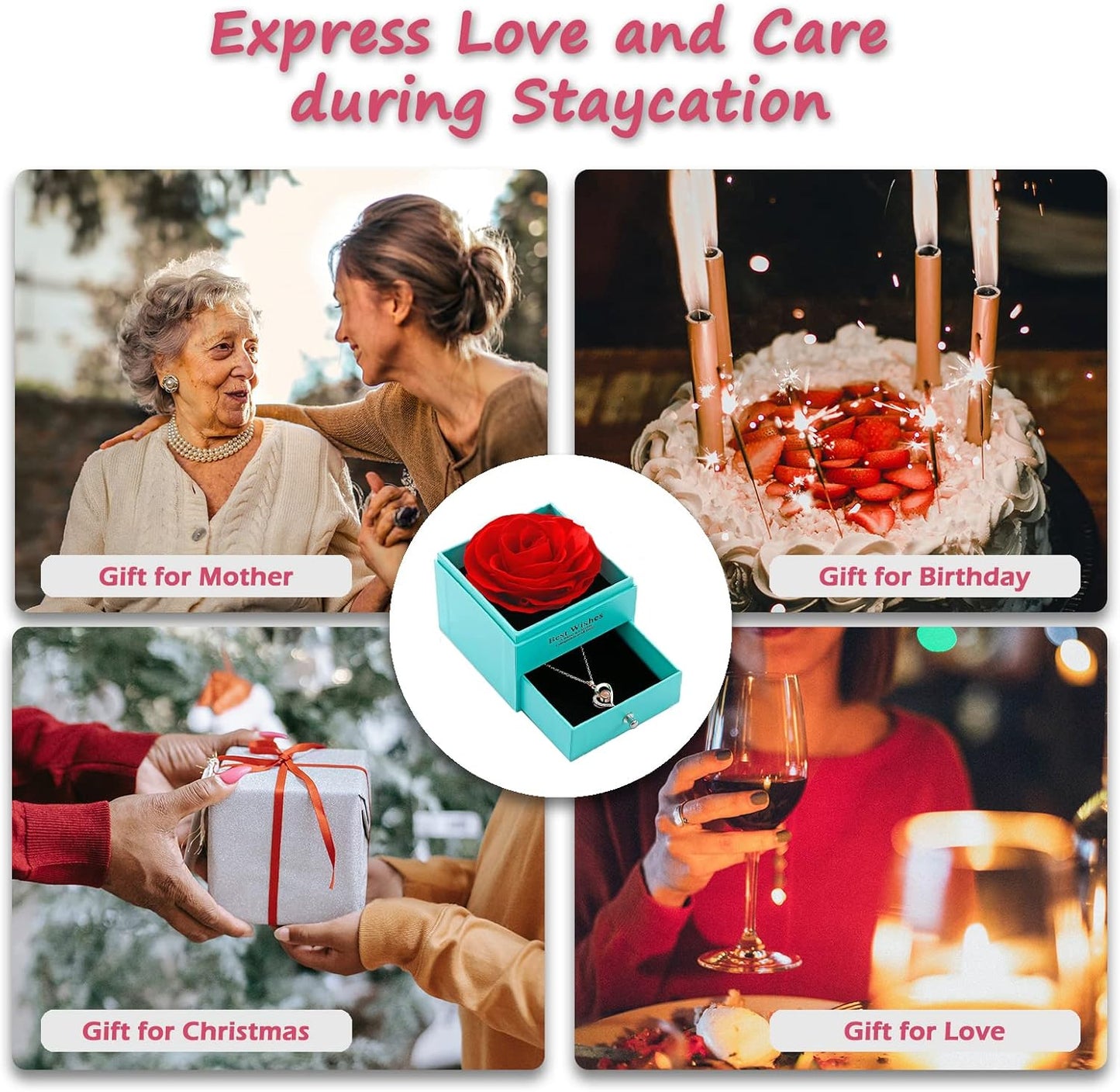 Valentines Day Gifts for Her, Preserved Real Rose with I Love You Heart Necklace 100 Languages, Birthday Gifts for Women Mom Girlfriend Wife,Forever Flower for Anniversary, Red Roses