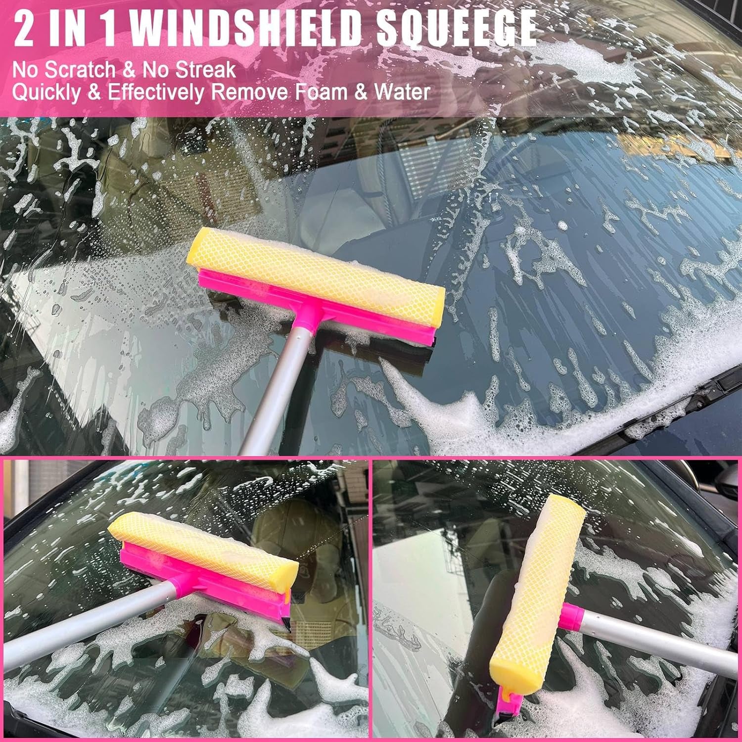 Pink 62" Car Wash Brush with Long Handle,Chenille Microfiber Car Wash Mop Sponge Mitt ,Windshield Window Squeegee,Wheel Brush,Car Detailing Brushes,Car Duster,Towel,Car Cleaning Kit for Cars RV Truck