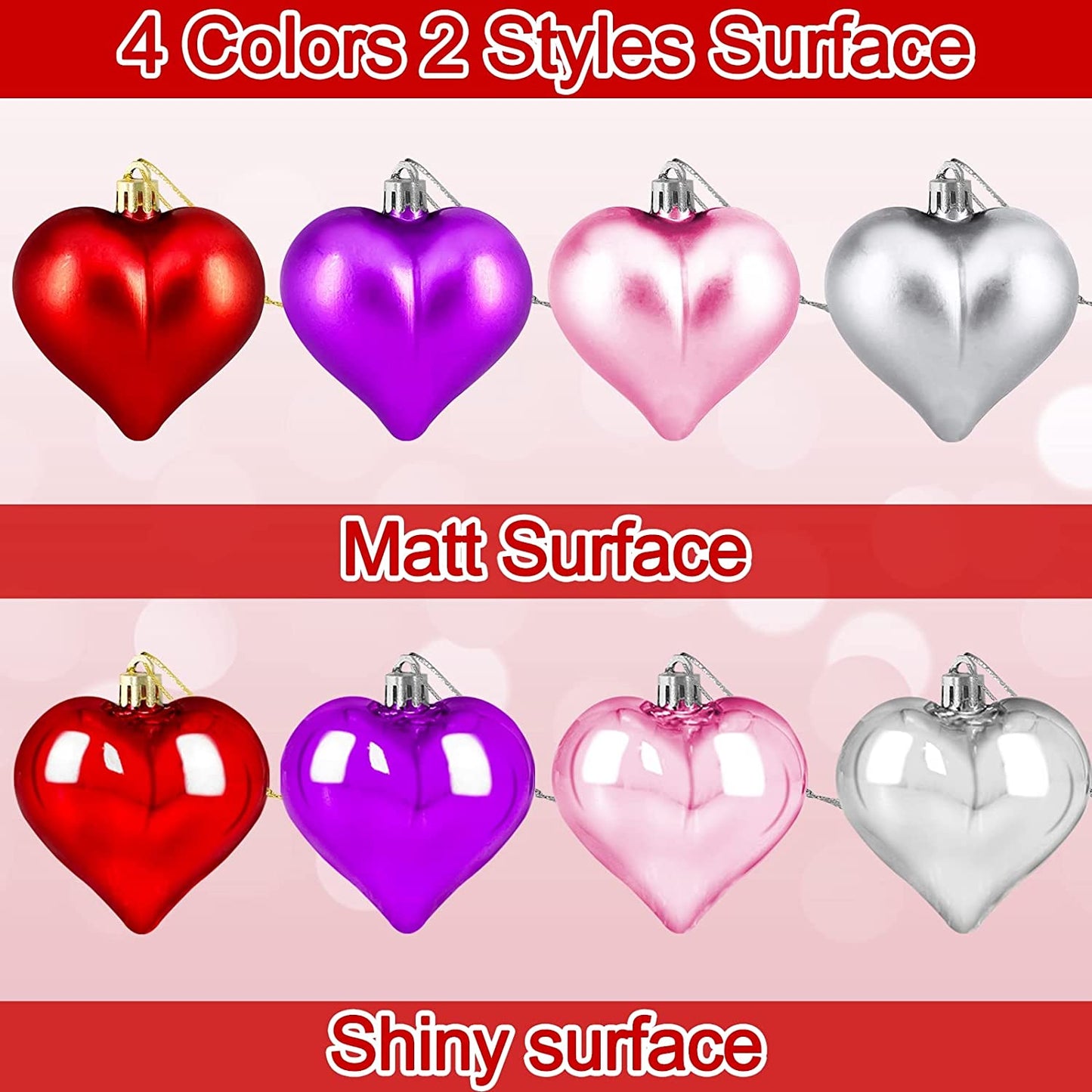 24 Pcs Valentine'S Day Hearts Shaped Ornaments, 2 Surfaces Valentines Heart Decorations Baubles Romantic Valentines Day Hanging Decorations for Home Indoor Outdoor (Red/Pink/Purple)