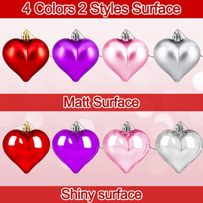 24 Pcs Valentine'S Day Hearts Shaped Ornaments, 2 Surfaces Valentines Heart Decorations Baubles Romantic Valentines Day Hanging Decorations for Home Indoor Outdoor (Red/Pink/Purple)