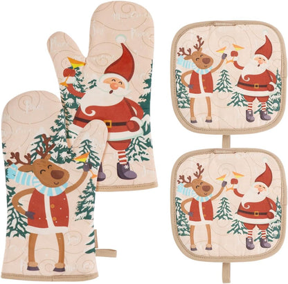 Cute Christmas Oven Mitt - 1 Set Heat Resistant Oven Gloves and Pot Holders for Christmas Kitchen Decoration