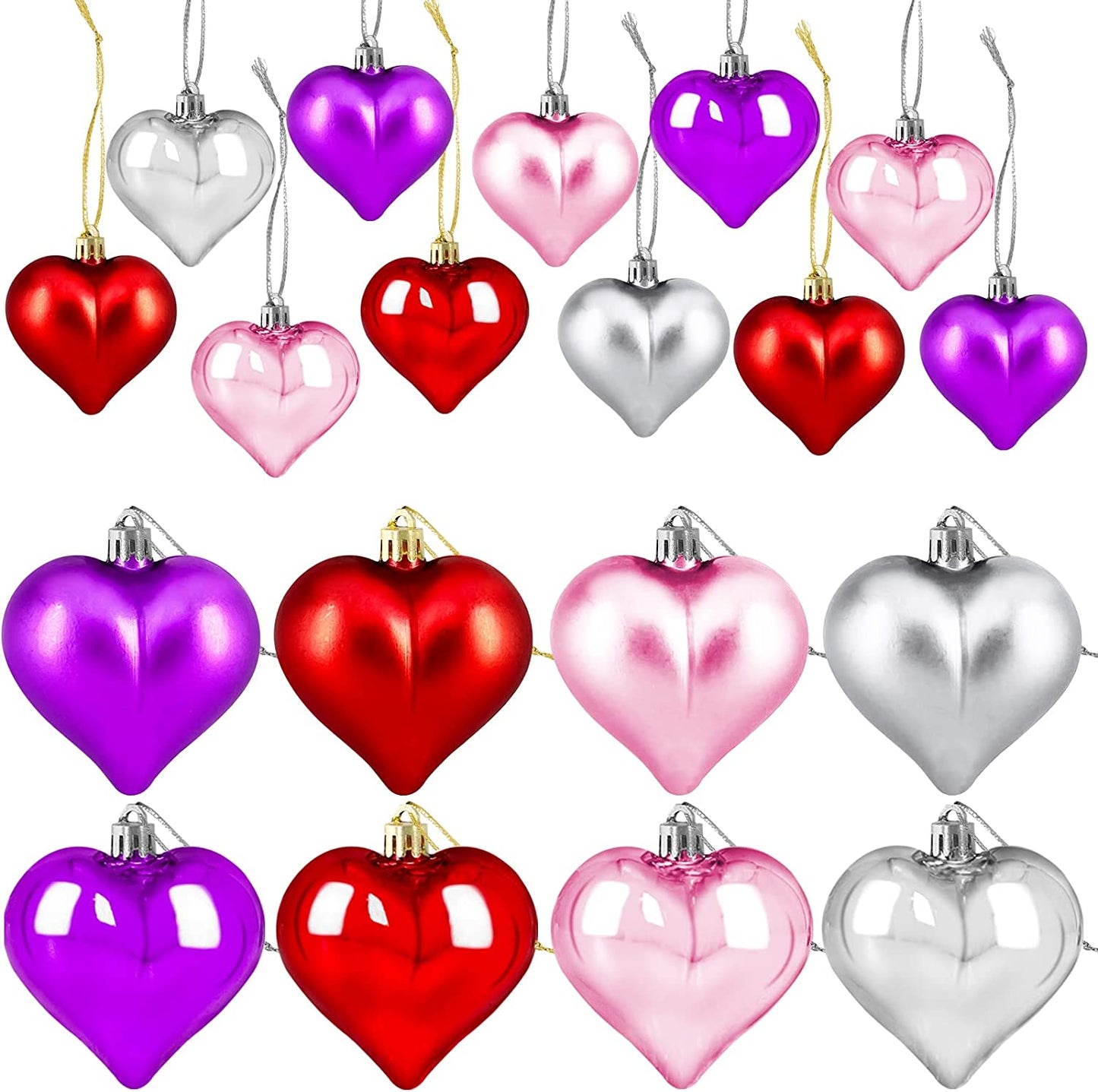 24 Pcs Valentine'S Day Hearts Shaped Ornaments, 2 Surfaces Valentines Heart Decorations Baubles Romantic Valentines Day Hanging Decorations for Home Indoor Outdoor (Red/Pink/Purple)