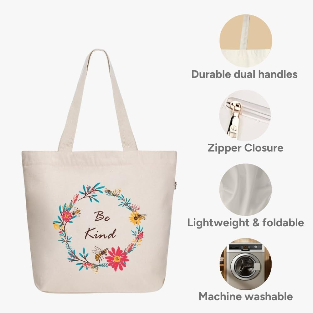 Aesthetic Canvas Tote Bag for Women Large Zipper Tote Bags with Pocket, Womens Tote Bag for Yoga, Work, Beach