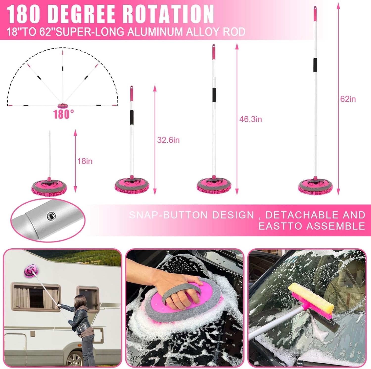 Pink 62" Car Wash Brush with Long Handle,Chenille Microfiber Car Wash Mop Sponge Mitt ,Windshield Window Squeegee,Wheel Brush,Car Detailing Brushes,Car Duster,Towel,Car Cleaning Kit for Cars RV Truck